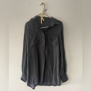 Club Monaco 100% Silk Steel Blue Polkadot Button V-Neck Blouse Women's Medium